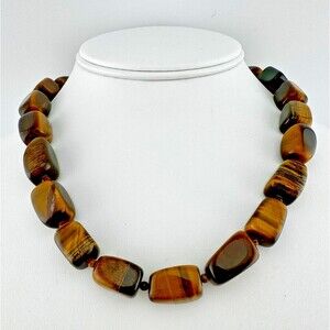 Genuine Tiger Eye Nugget Chunky Bead Necklace Sterling Silver Toggle Clasp 18"